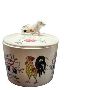 Vintage Cow Handle Rooster Trinket Box Jar Porcelain Hand Painted Made in Japan
